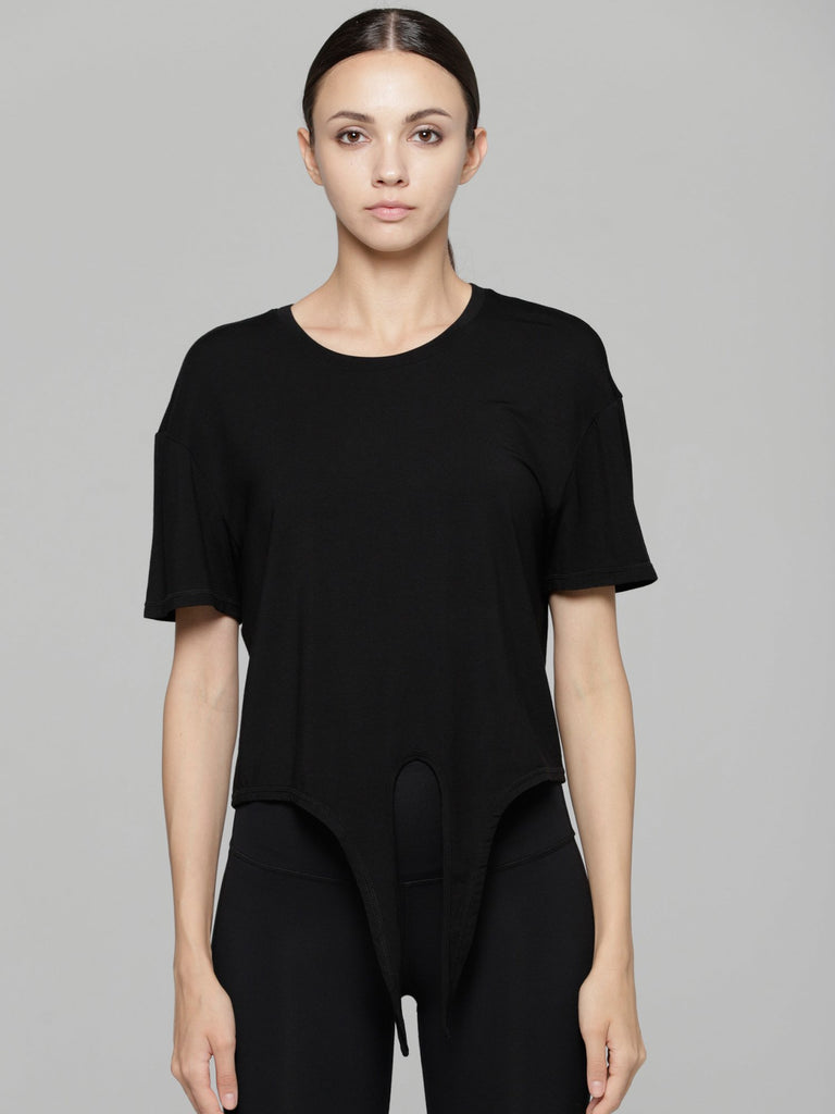 LOOSE FIT CROPPED TEE WITH FRONT TIE, BLACK