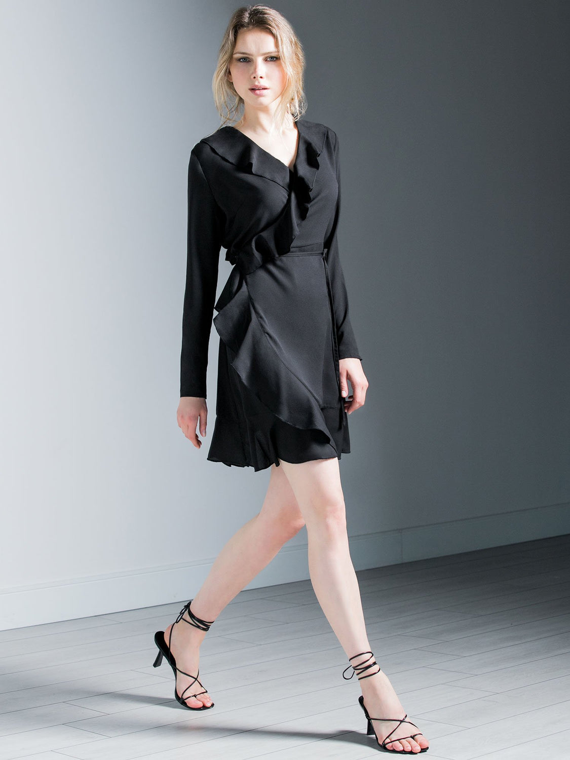 RUFFLED WRAP MINI DRESS, BLACK
