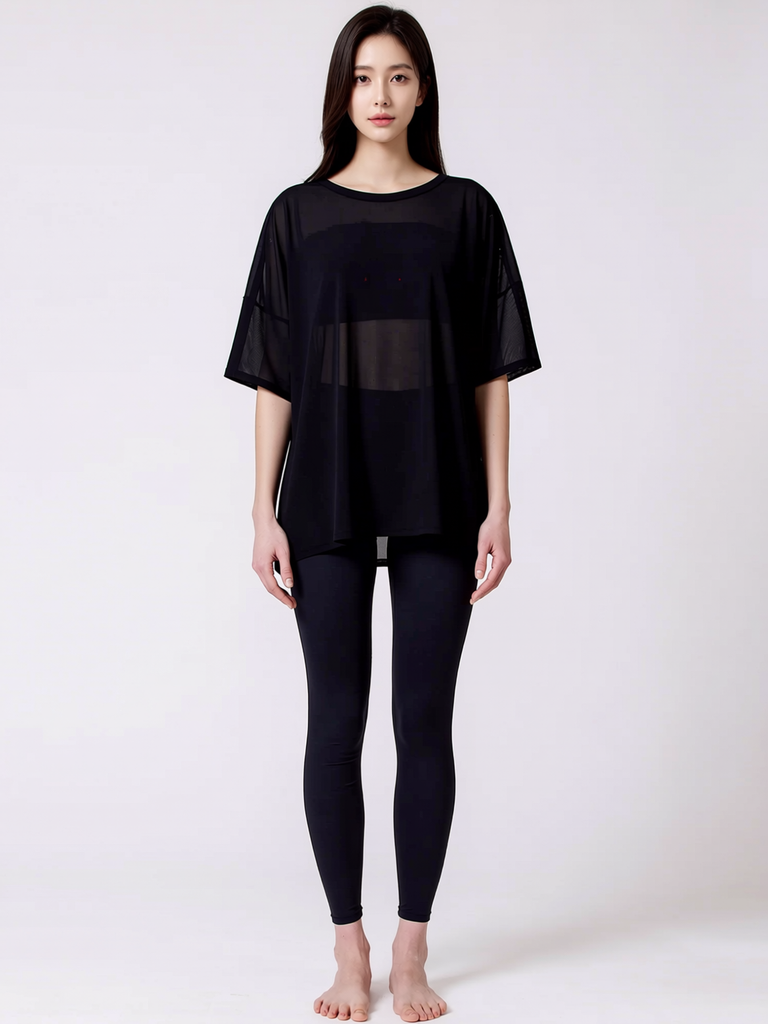 SIDE SPLIT MESH TEE, BLACK