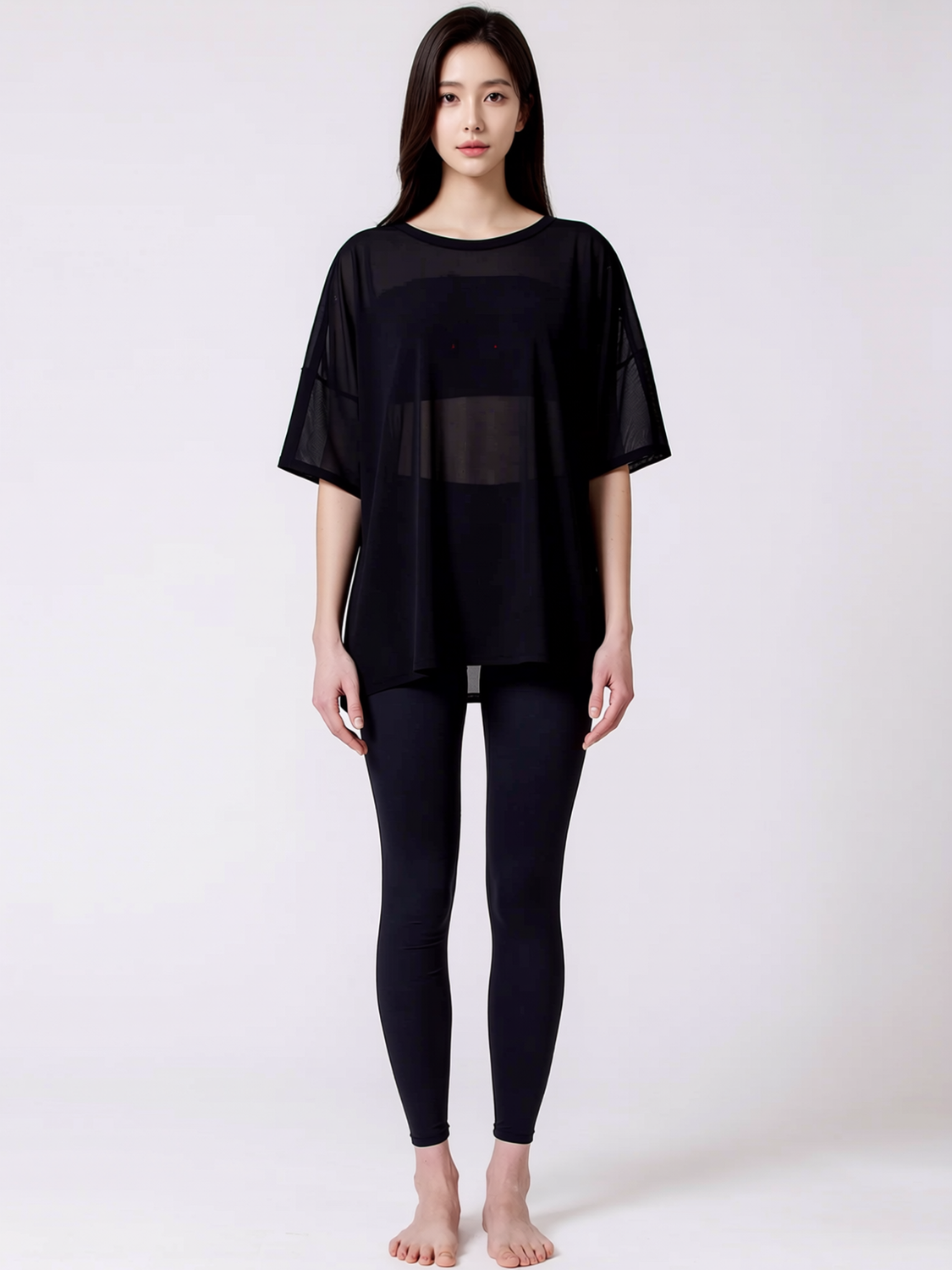 SIDE SPLIT MESH TEE, BLACK