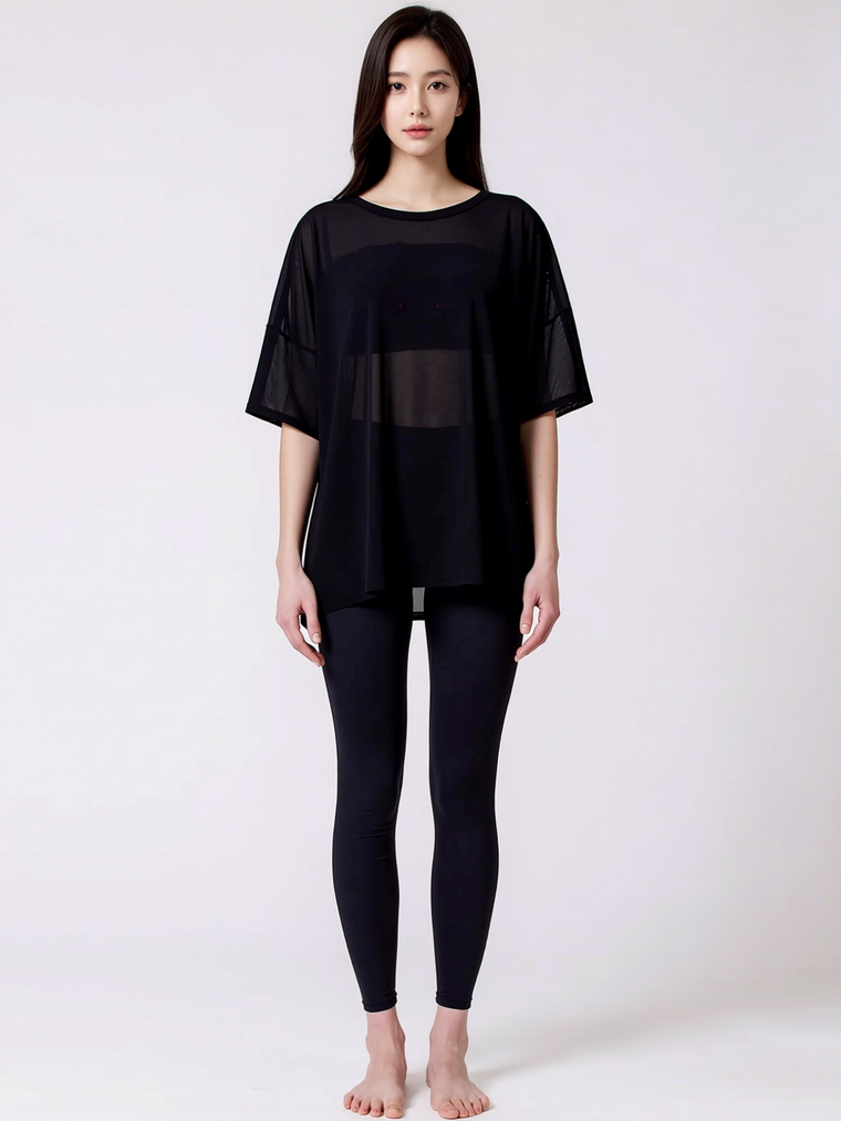 SIDE SPLIT MESH TEE, BLACK