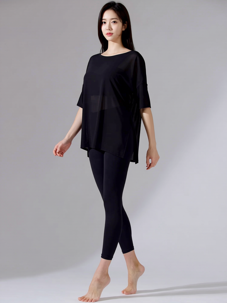 SIDE SPLIT MESH TEE, BLACK
