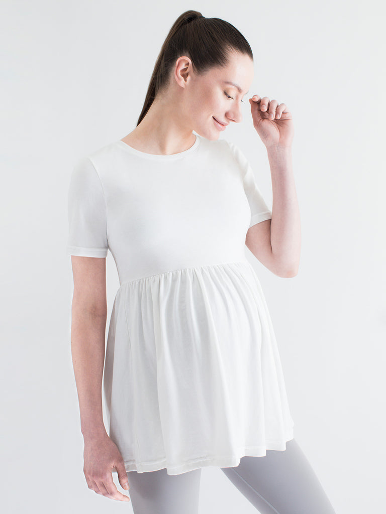 MATERNITY PLEATED SHORT SLEEVE TEE, WHITE