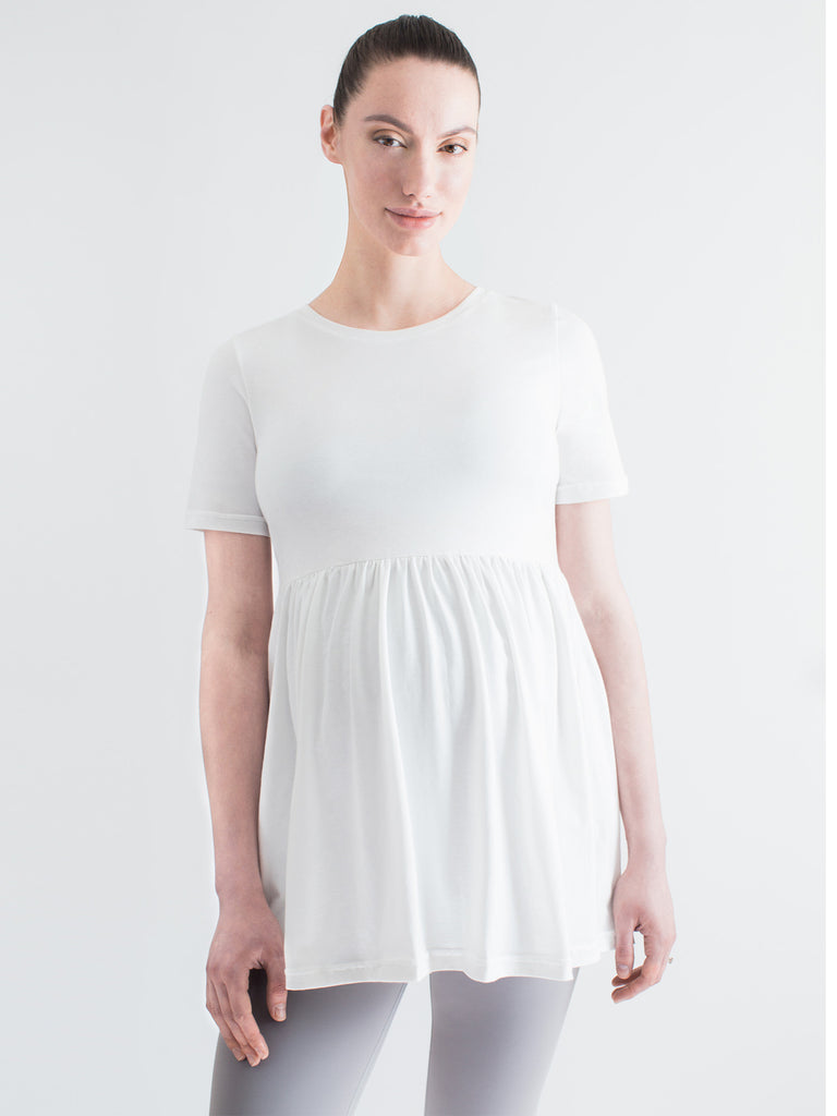 MATERNITY PLEATED SHORT SLEEVE TEE, WHITE