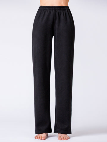 RIBBED HIGH WAIST WINTER FLEECE WIDE LEG SWEATPANTS, BLACK