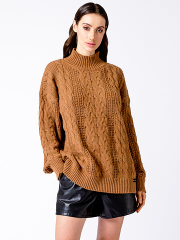 VINTAGE MOCK NECK OVERSIZED CABLE KNIT SWEATER, CARAMEL