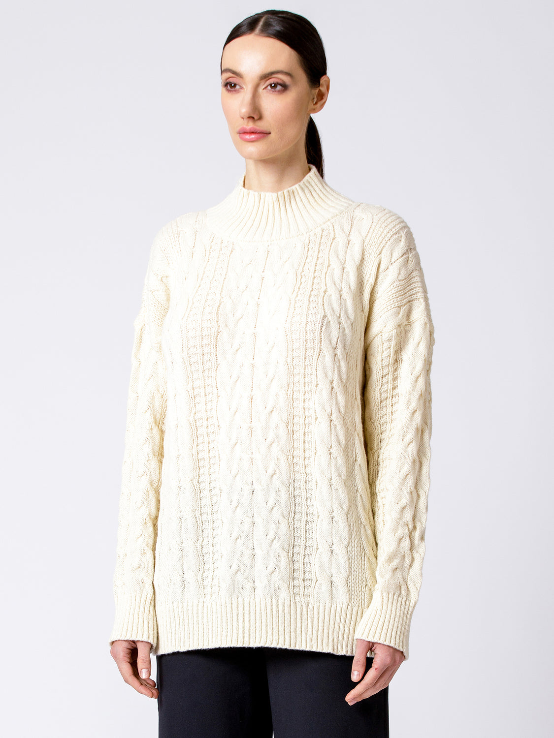 VINTAGE MOCK NECK OVERSIZED CABLE KNIT SWEATER, CREAM