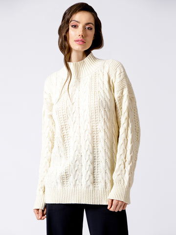 VINTAGE MOCK NECK OVERSIZED CABLE KNIT SWEATER, CREAM