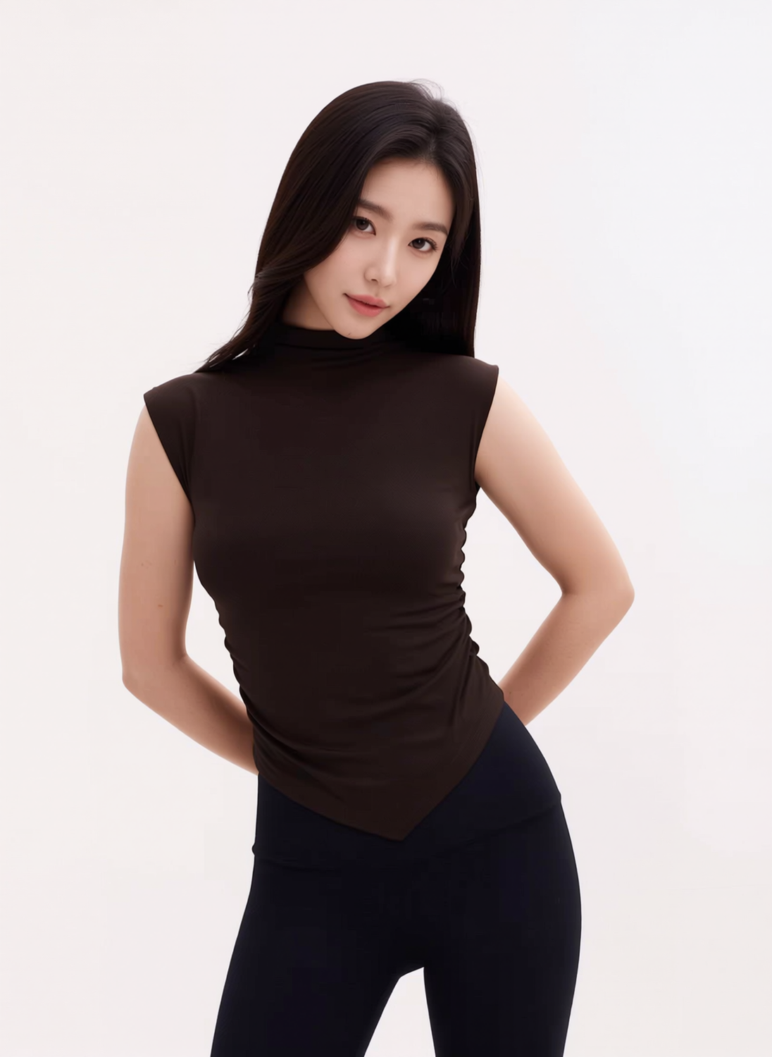 CRYSTAL RUCHED MOCK NECK TANK, ESPRESSO