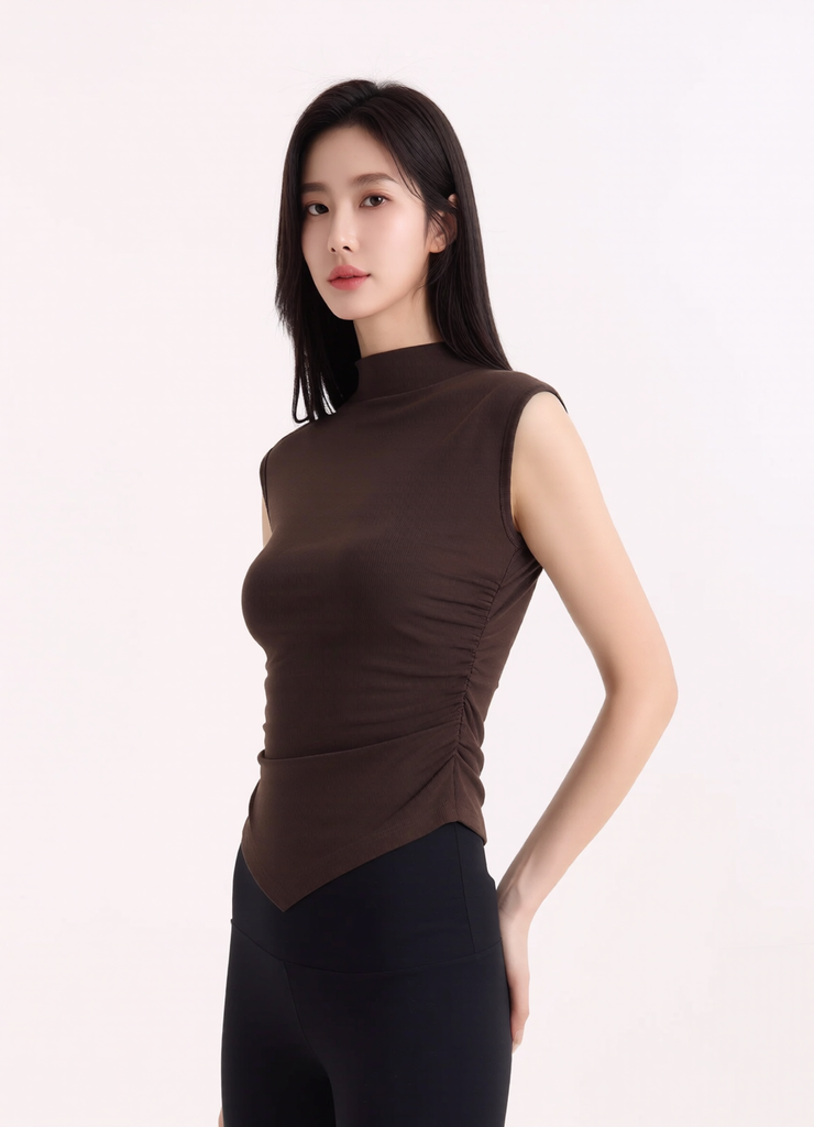 CRYSTAL RUCHED MOCK NECK TANK, ESPRESSO