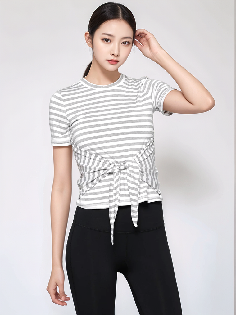 FITTED TEE WITH FRONT AND BACK TIE, GREY STRIPES