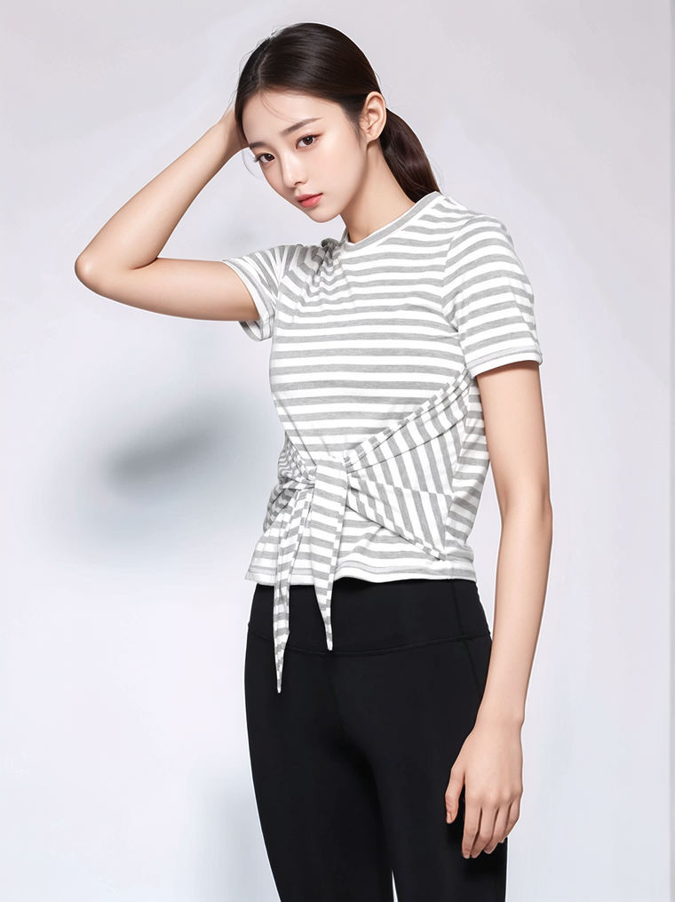 FITTED TEE WITH FRONT AND BACK TIE, GREY STRIPES