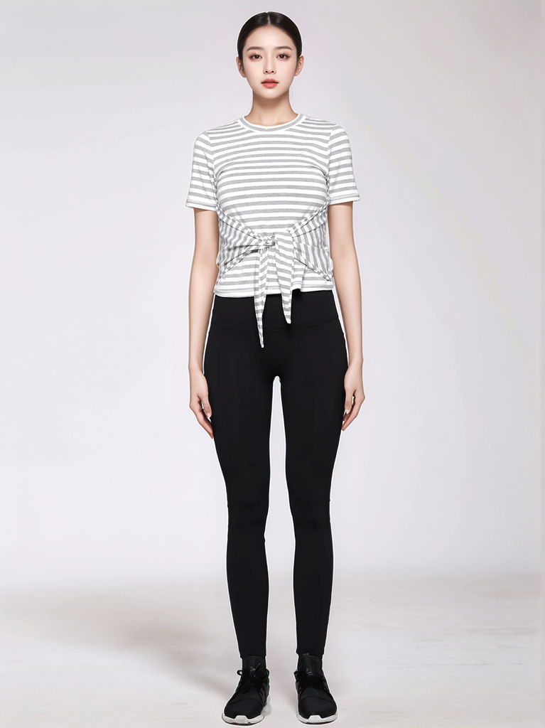 FITTED TEE WITH FRONT AND BACK TIE, GREY STRIPES