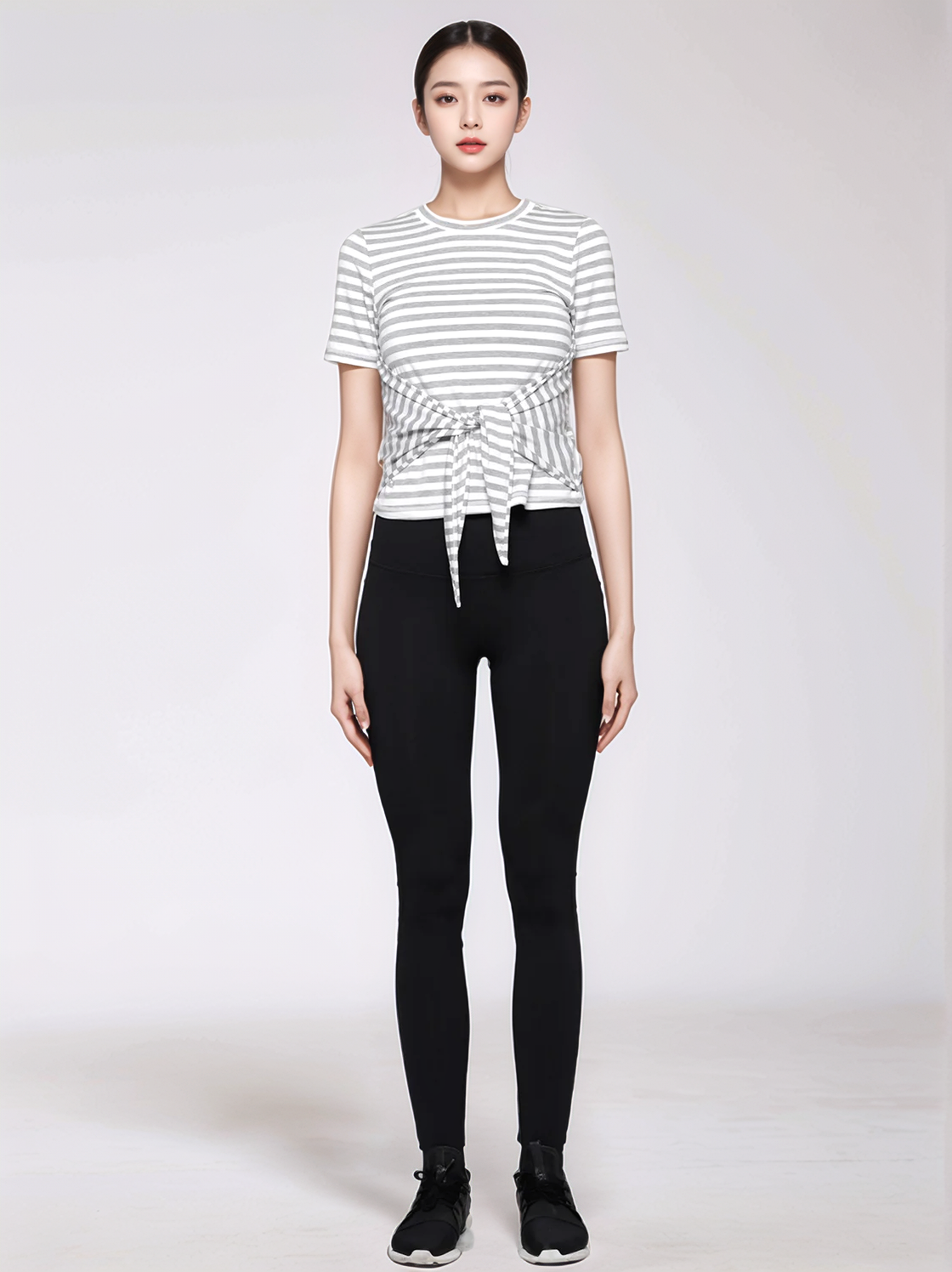 FITTED TEE WITH FRONT AND BACK TIE, GREY STRIPES
