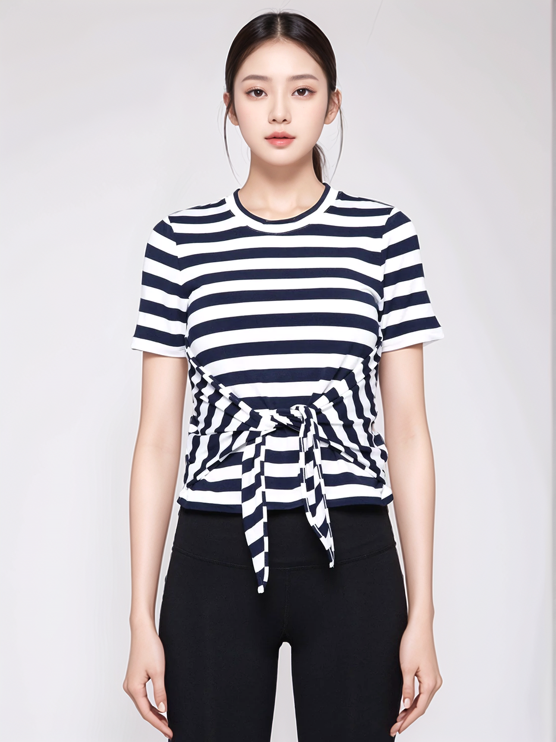 FITTED TEE WITH FRONT AND BACK TIE, NAVY STRIPES