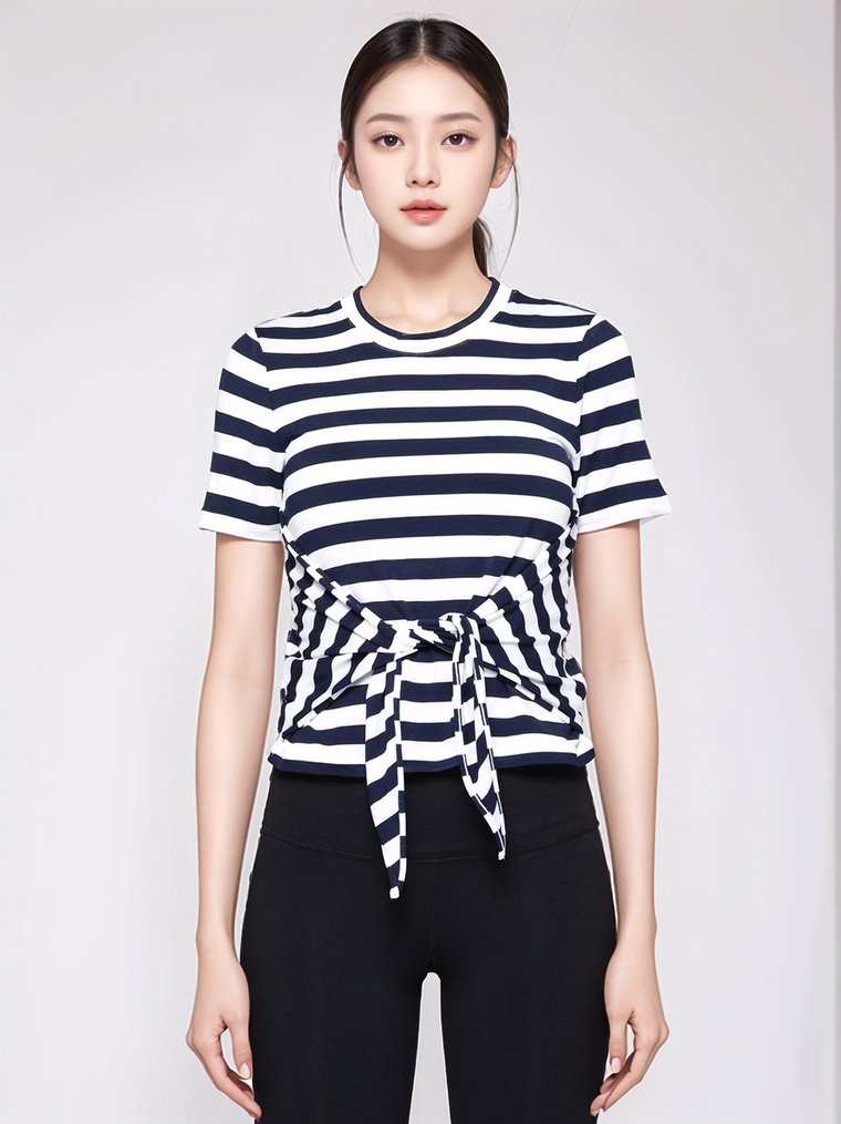 FITTED TEE WITH FRONT AND BACK TIE, NAVY STRIPES