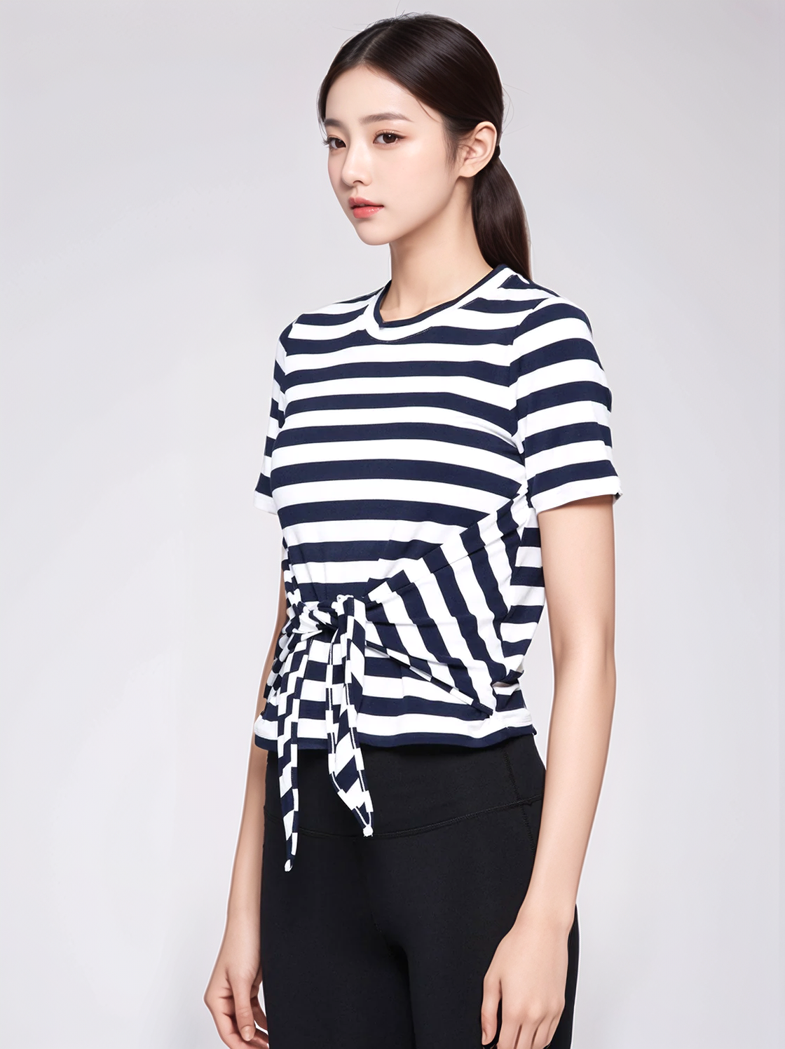 FITTED TEE WITH FRONT AND BACK TIE, NAVY STRIPES
