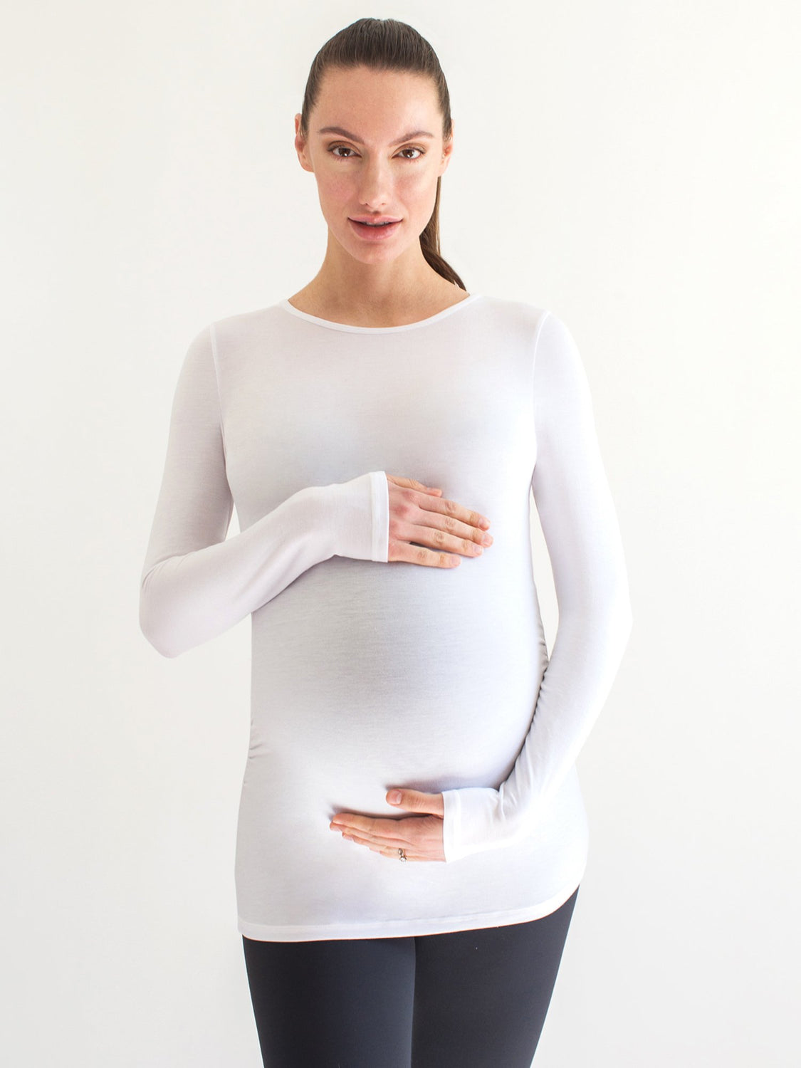 MATERNITY SOFT STRETCH LONG SLEEVE TEE, WHITE