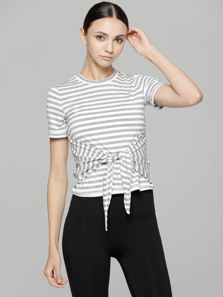 FITTED TEE WITH FRONT AND BACK TIE, GREY STRIPES