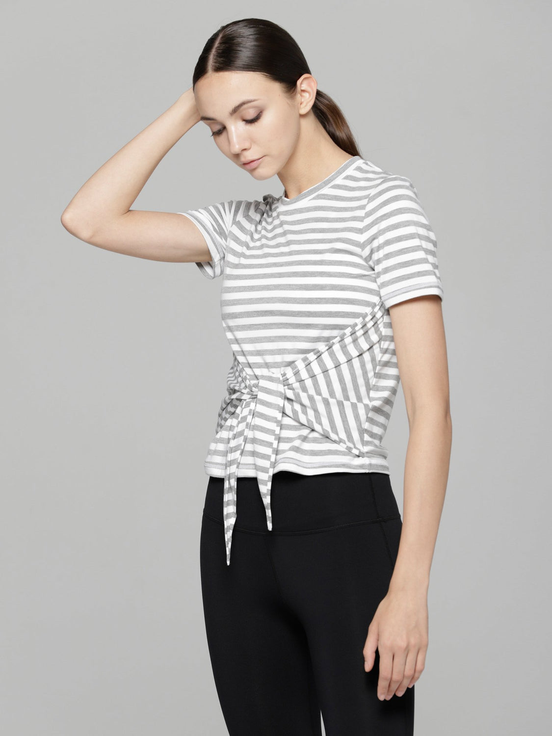 FITTED TEE WITH FRONT AND BACK TIE, GREY STRIPES