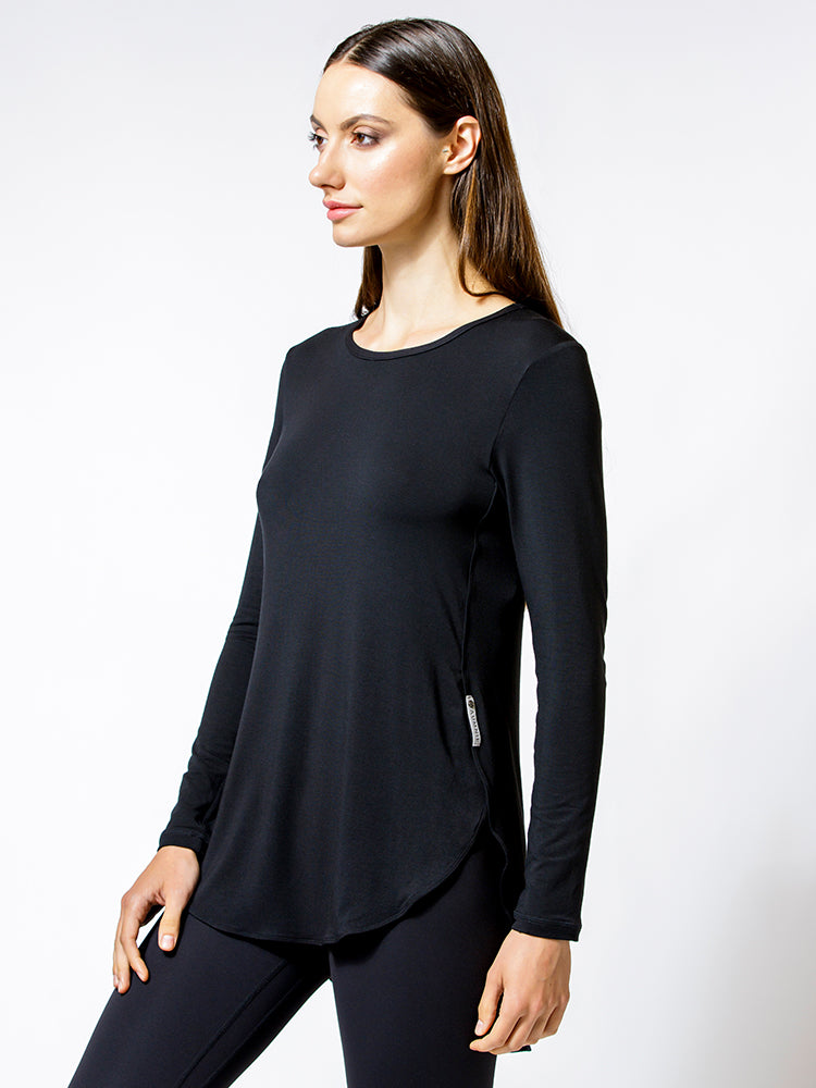 HI LO SPLIT SIDE  LONG SLEEVE TEE, BLACK