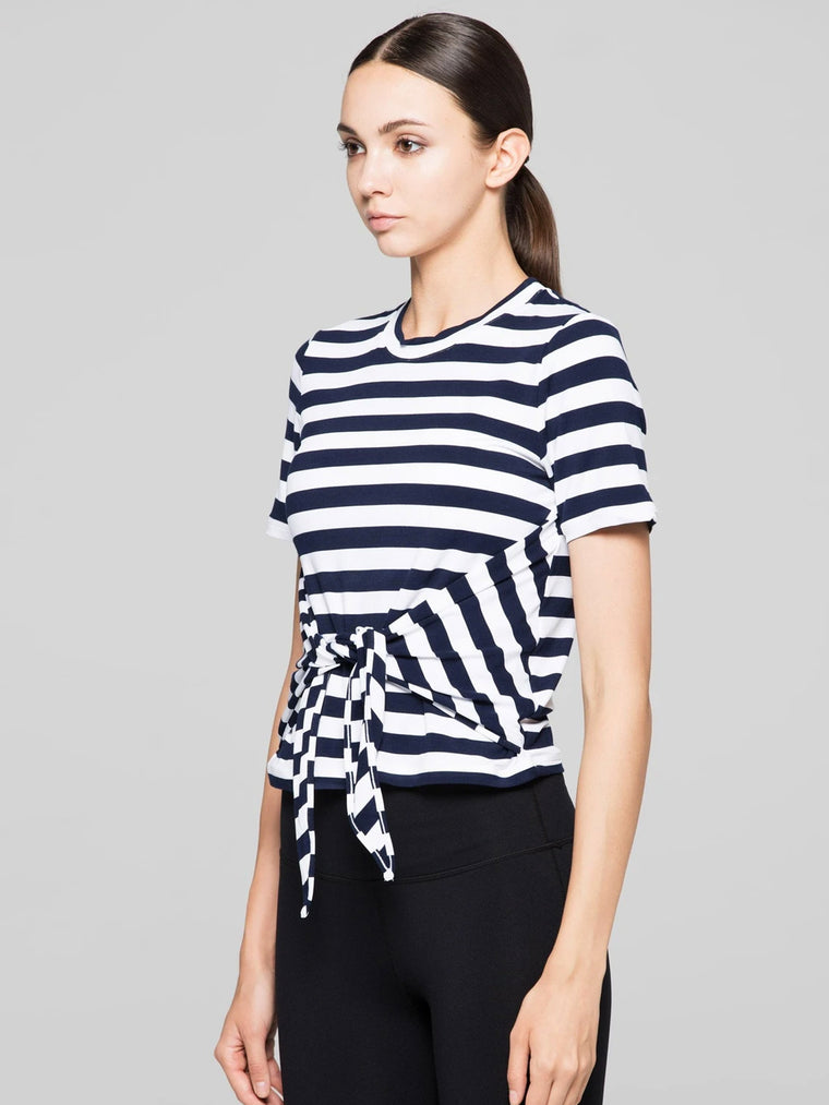 FITTED TEE WITH FRONT AND BACK TIE, NAVY STRIPES